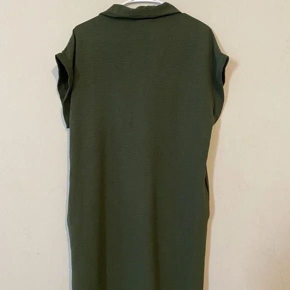 Olive Green Loose Fit short sleeve Midi T-Shirt Dress S/M espresso EUC POCKETS - Picture 7 of 7